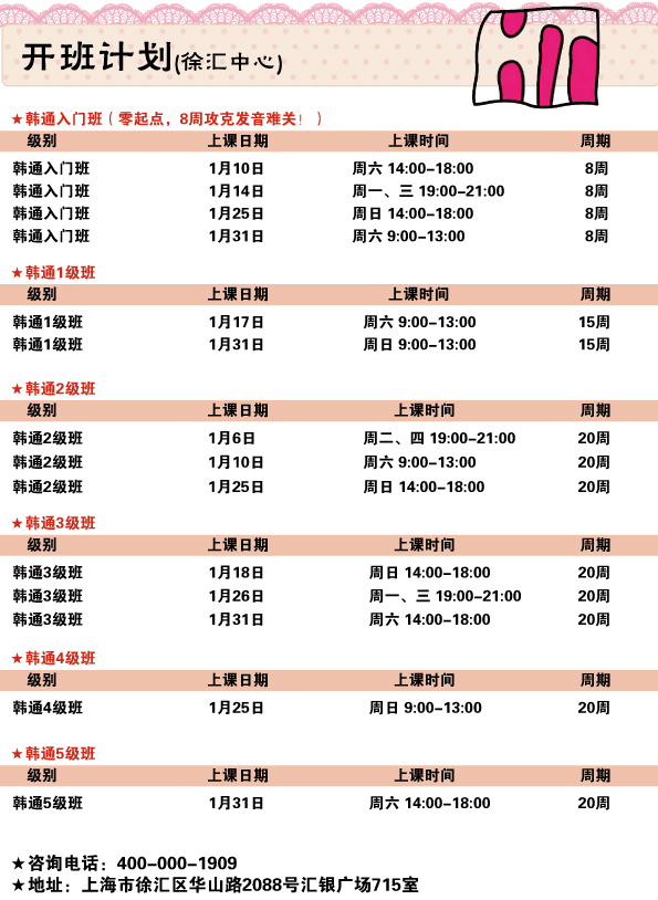 2015年1月韩语培训开班计划